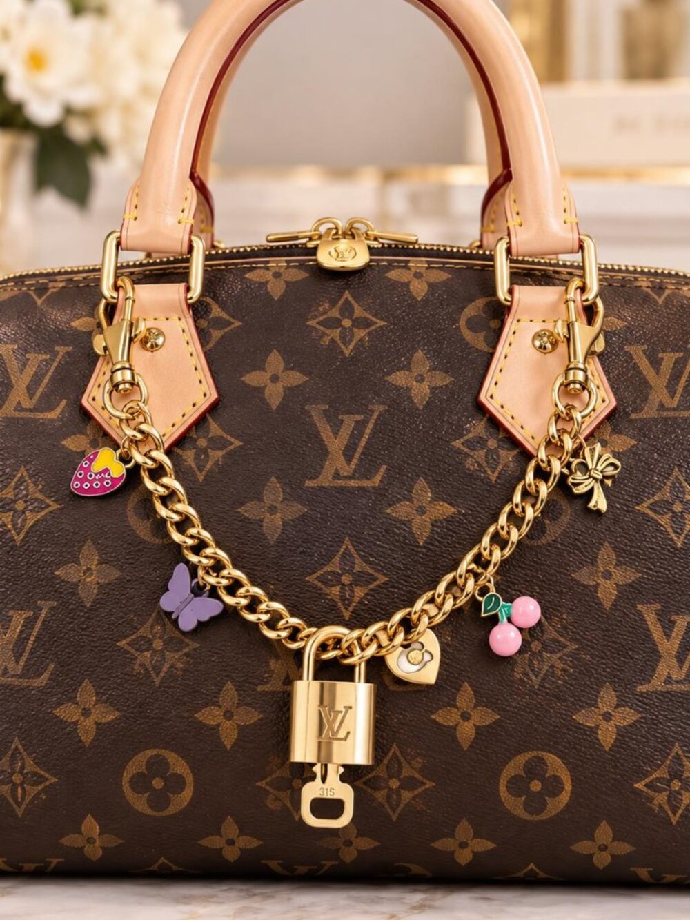 Authentic Louis Vuitton Gold Padlock with Unbranded Decorative Bag Chain / Charm